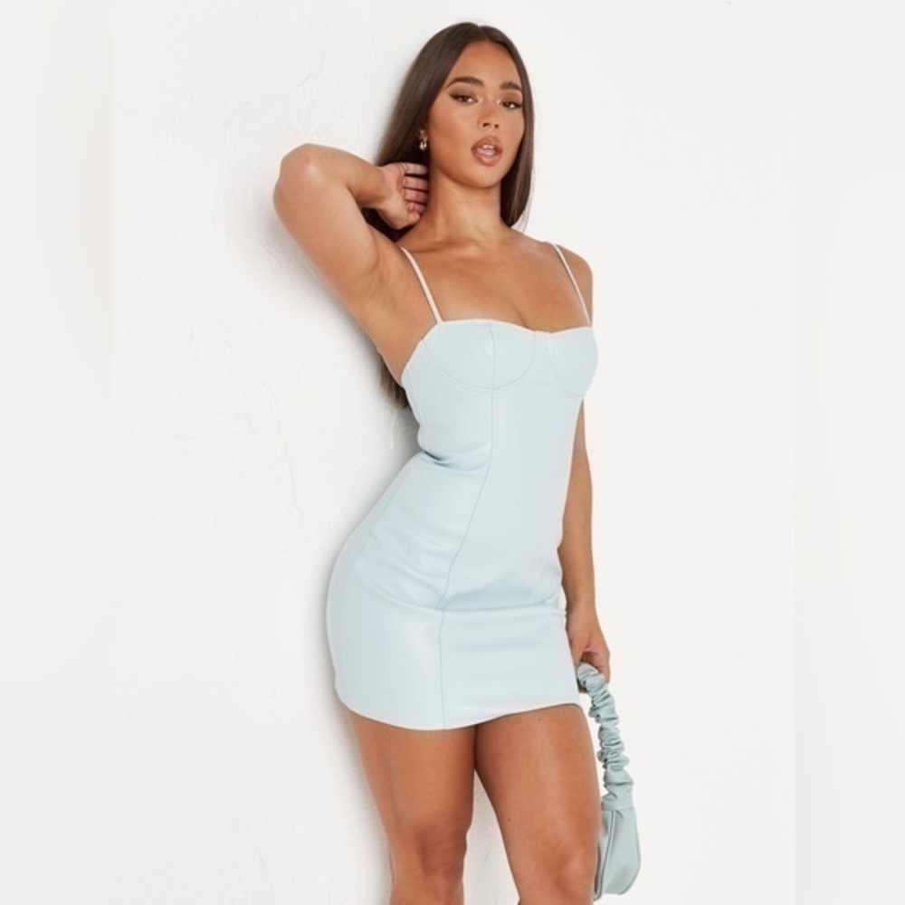 NWT Missguided Mint Blue Bust Cup Detail Strappy Faux Leather Mini Dress 6 C6
